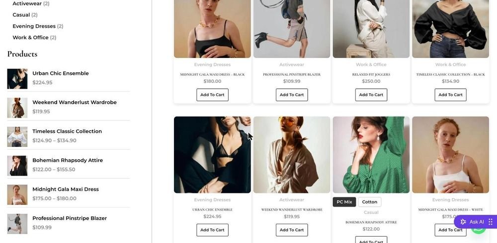 A product card with a Material selector — clicking an option updates price and stock instantly