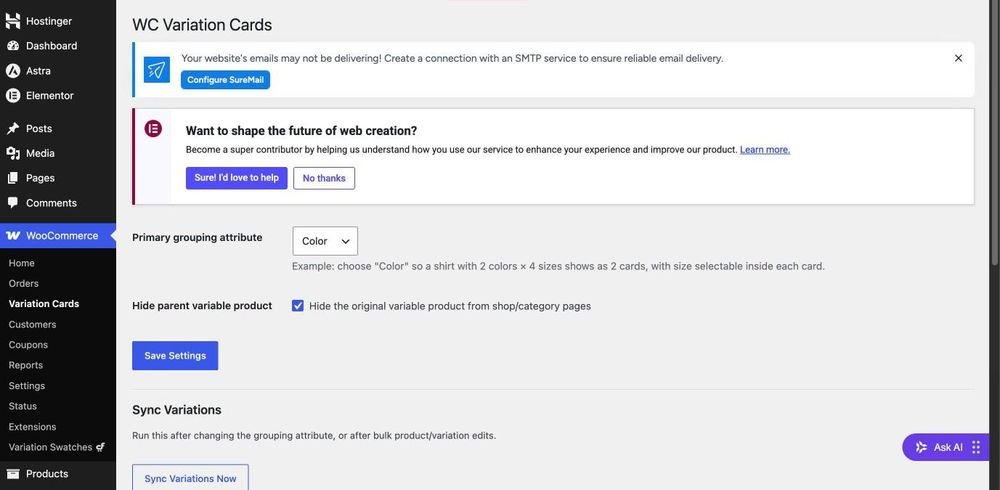 The WC Variation Cards settings page